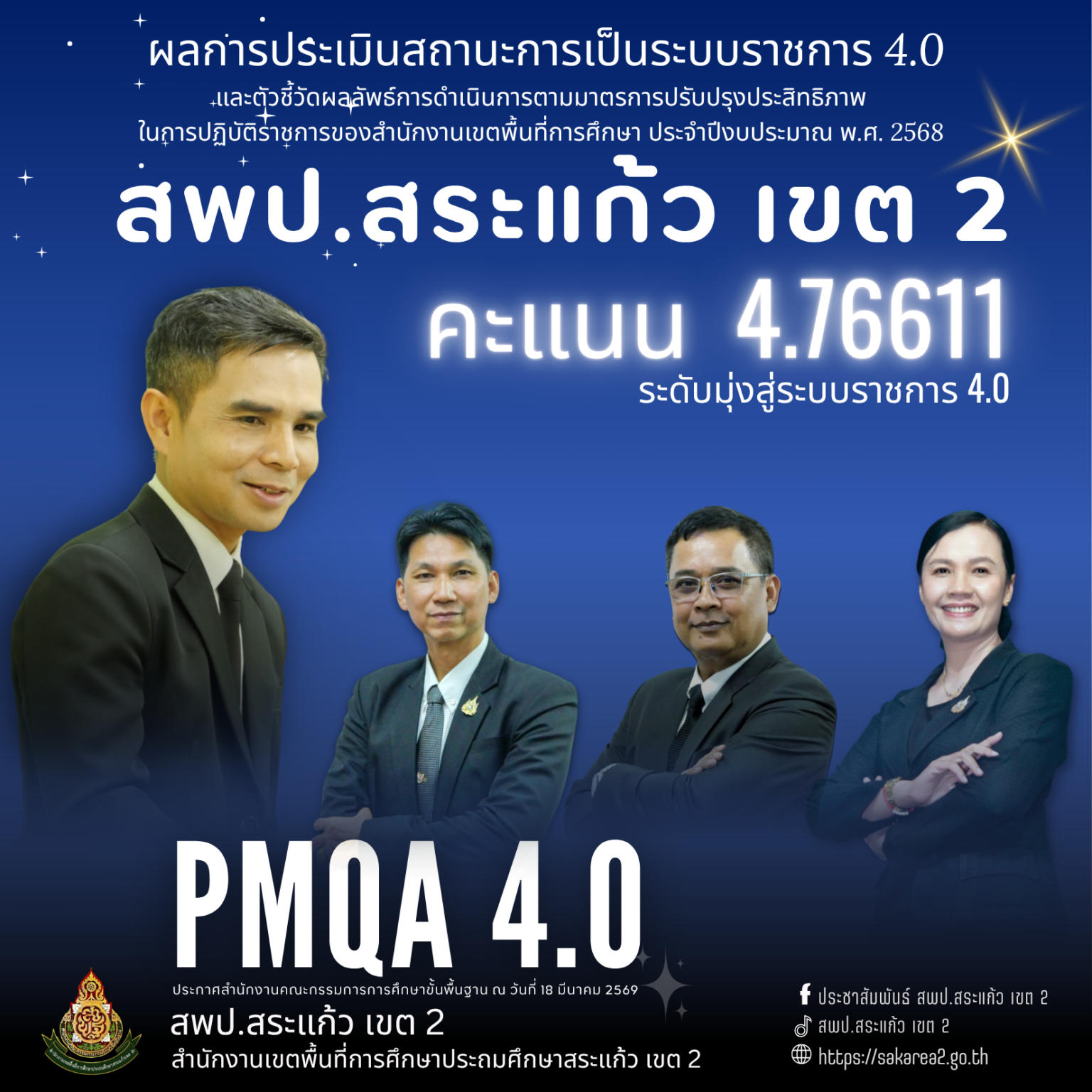 สพป.สระแก้ว เขต 2 มุ่งสู่ระบบราชการ 4.0 (PMQA 4.0) ด้วยคะแนน 4.76611 ...
